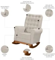 Poltrona Amamentação Base Madeira Balanço Maju Veludo Off F03 - Mpozen