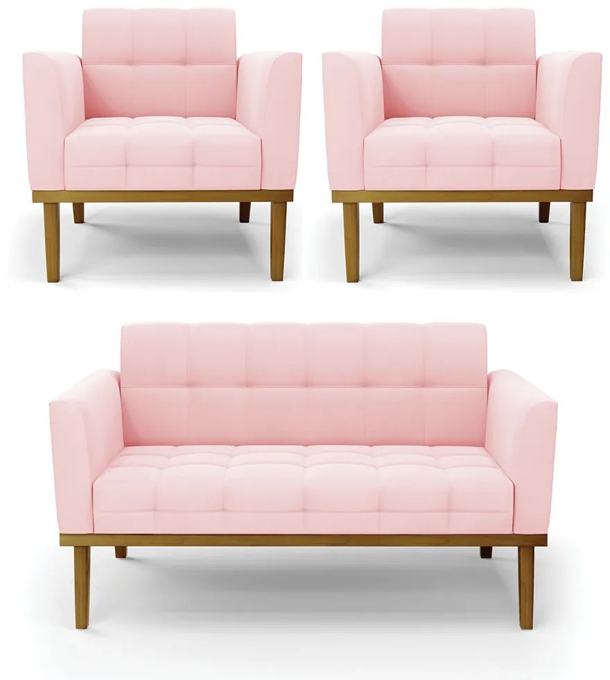 Namoradeira com 2 Poltronas Base de Madeira Castanho Elisa Suede D03 - D'Rossi - Rosa Bebê