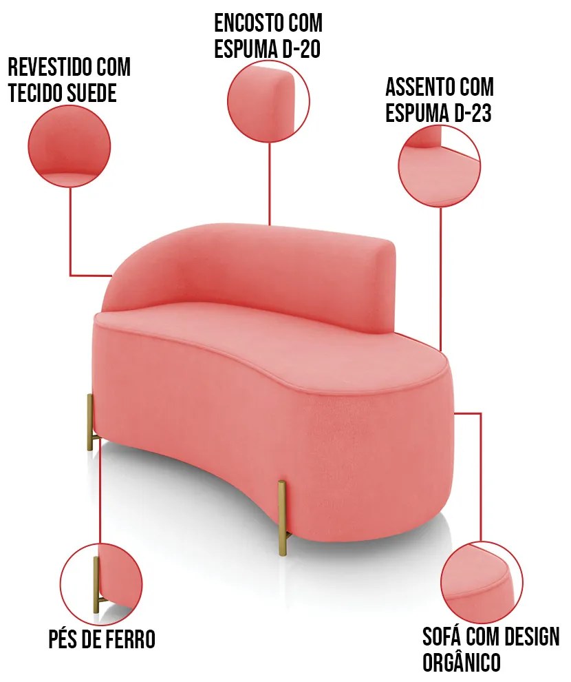 Sofá 2 Lugares Orgânico 140cm Pé Dourado Morgan Suede D03 - D'Rossi - Rose