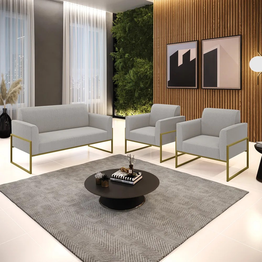 Namoradeira e 2 Poltronas Industrial Alta Dourado Marisa Bouclê - Cinza