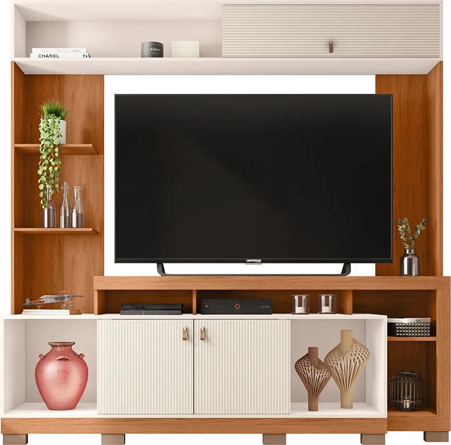 Estante TV 65 Pol 200cm Sala de Estar Olevi C01 - D'Rossi - Freijó/Off White