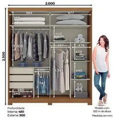 Guarda Roupa Solteiro Com Espelho 2 Portas Verg Nature/Off White - Hen