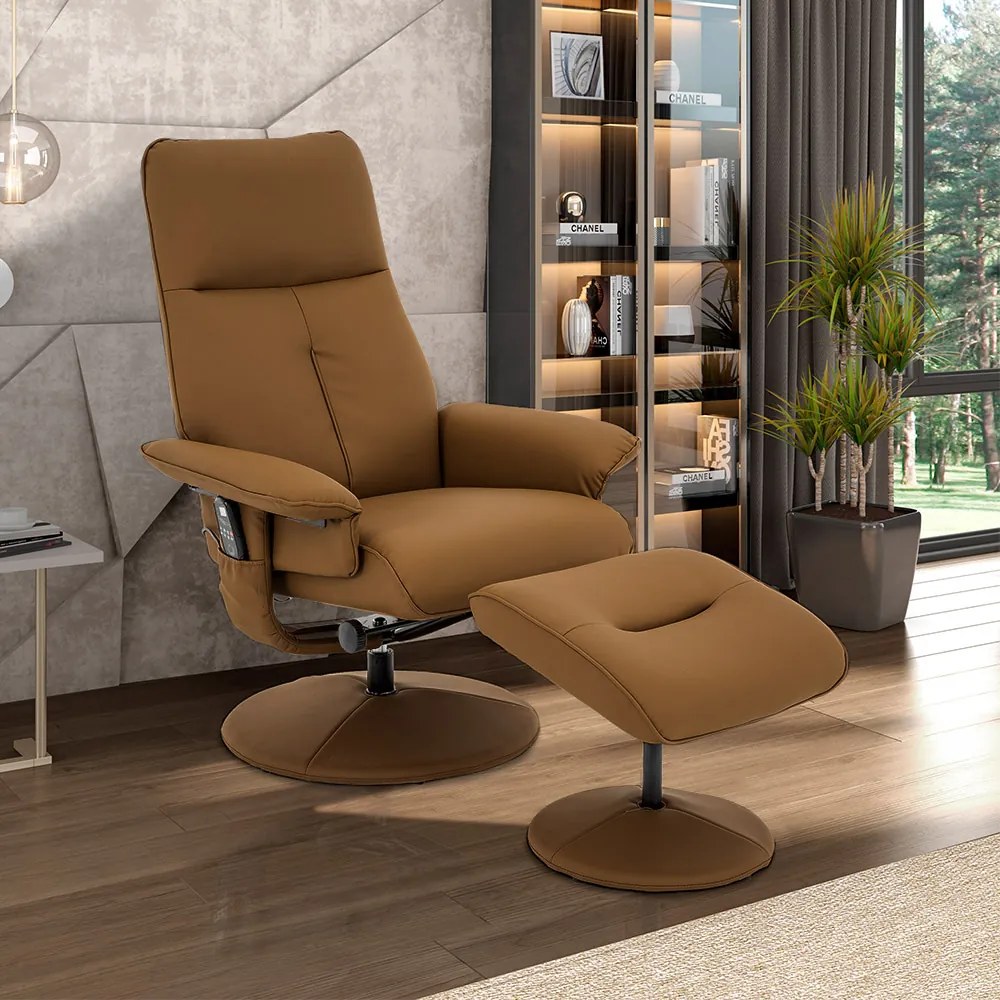 Poltrona de Massagem Reclinável e Giratória Arizona com Apoio de Pés Pu G56 - Gran Belo - Caramelo