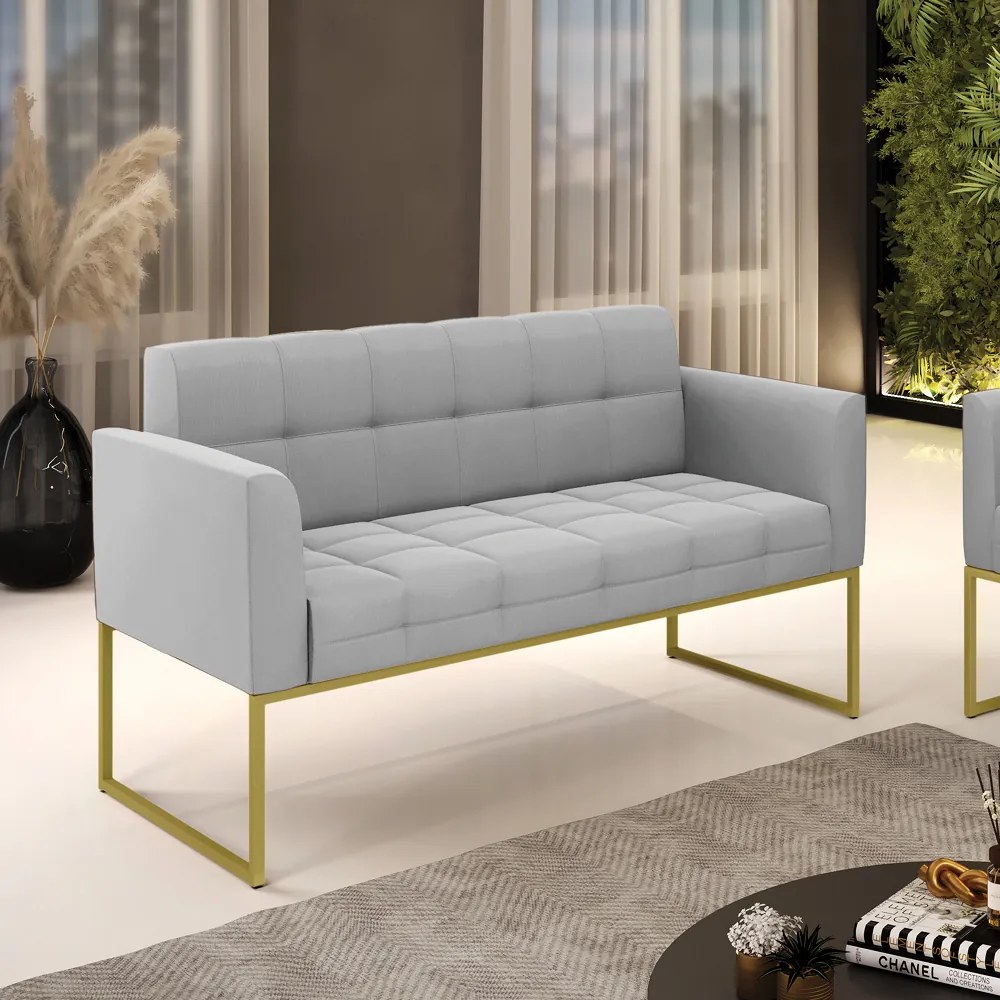 Sofá Namoradeira Elisa Suede Base Metálica Industrial Dourado - D'Rossi - Cinza