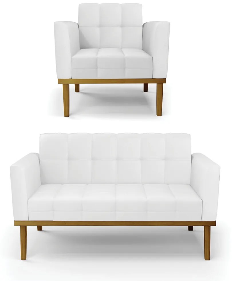Conjunto Poltrona e Namoradeira Decorativas Karen Pés Fixo em Madeira Castanho PU Branco G19 - Gran Belo