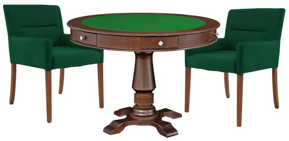 Mesa de Jogos Carteado Victoria Redonda Tampo Reversível Imbuia com Kit 2 Cadeiras Vicenza Suede Verde G36 G15 - Gran Belo