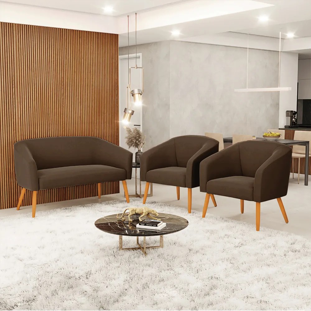 Namoradeira e 2 Poltronas Pé Palito Castanho Stella Suede D03 - D'Rossi - Marrom