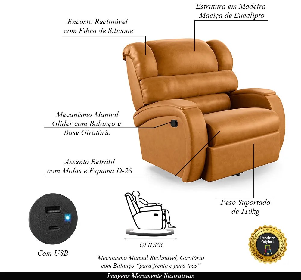 Poltrona do Papai Sala de Cinema Reclinável Kylie Glider Manual Giratória USB PU Whisky G23