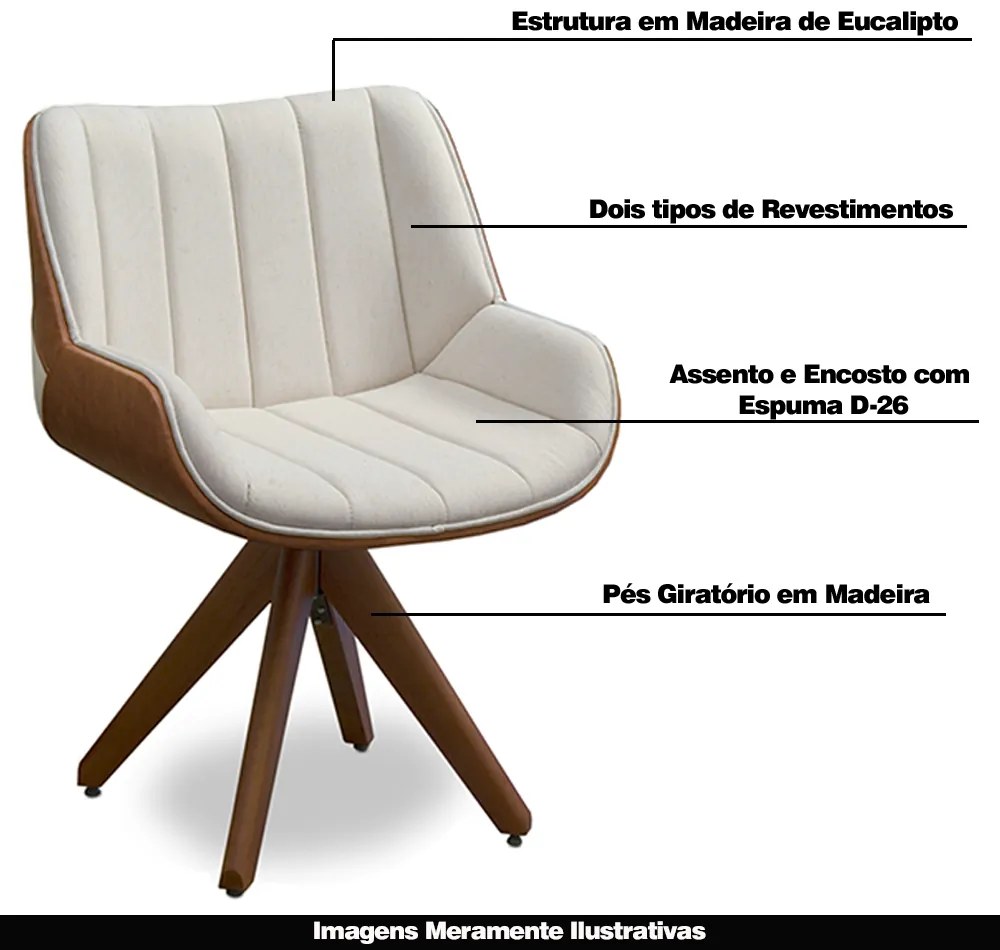 Poltrona Decorativa Base em Madeira Giratória Traoré Linho com PU OffWhite/Marrom G33 - Gran Belo