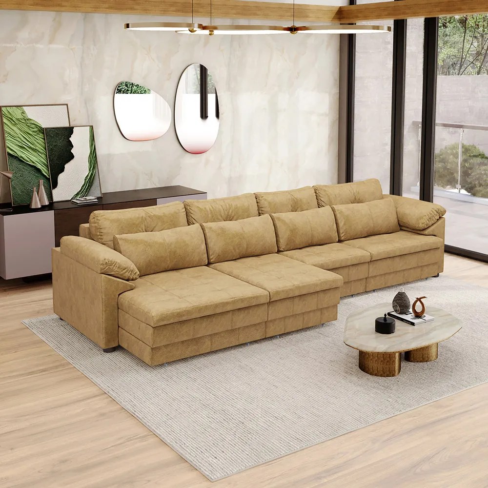 Sofá Retrátil Elétrico Sala de Estar Nolan Bipartido 339cm Conforto Premium em Couro Bege Manchado G58 - Gran Belo