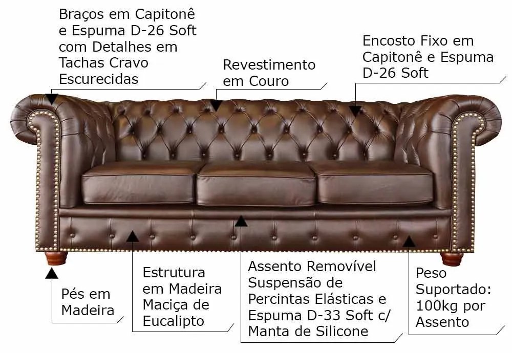 Jogo de Sofá Sala de Estar Chesterfield Pés Madeira Couro Tabaco Brilho G40 - Gran Belo