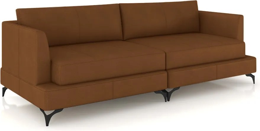Sofá Living Bipartido 270cm Indonésia Pés de Ferro Couro Caramelo G52 - Gran Belo