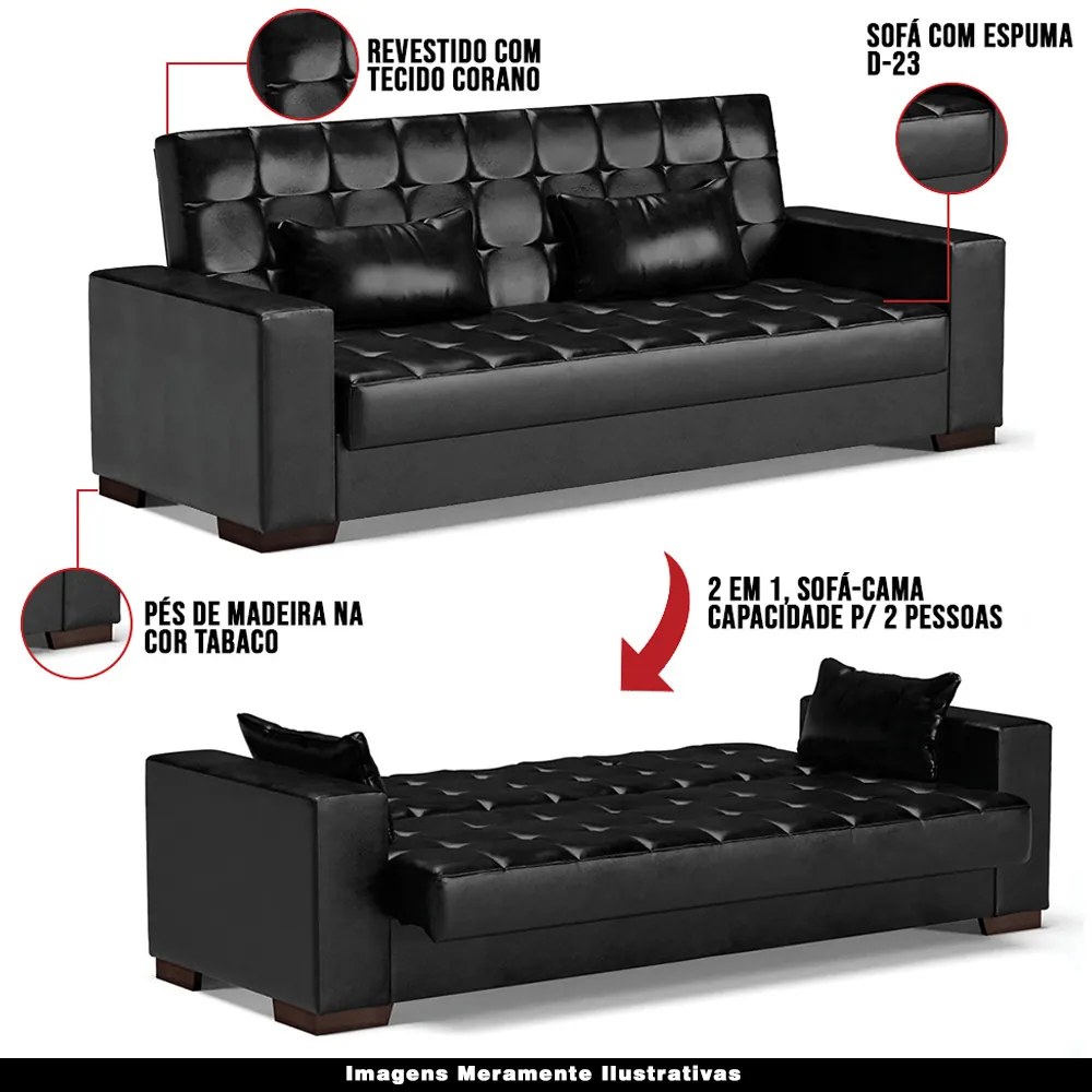 Sofá Cama Decorativo 210cm Beesley Pu Preto Brilho G19 - Gran Belo