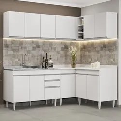 Armário de Cozinha Modulado de Canto 6 Peças CP30 com Pia Inox Branco