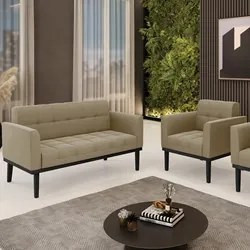 Sofá Namoradeira e 1 Poltrona Base Madeira Preto Ana Suede Marrom RT -