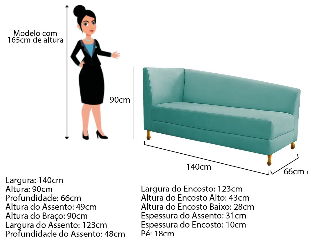 Recamier Valéria 140cm Lado Direito Suede Azul Tiffany- ADJ Decor