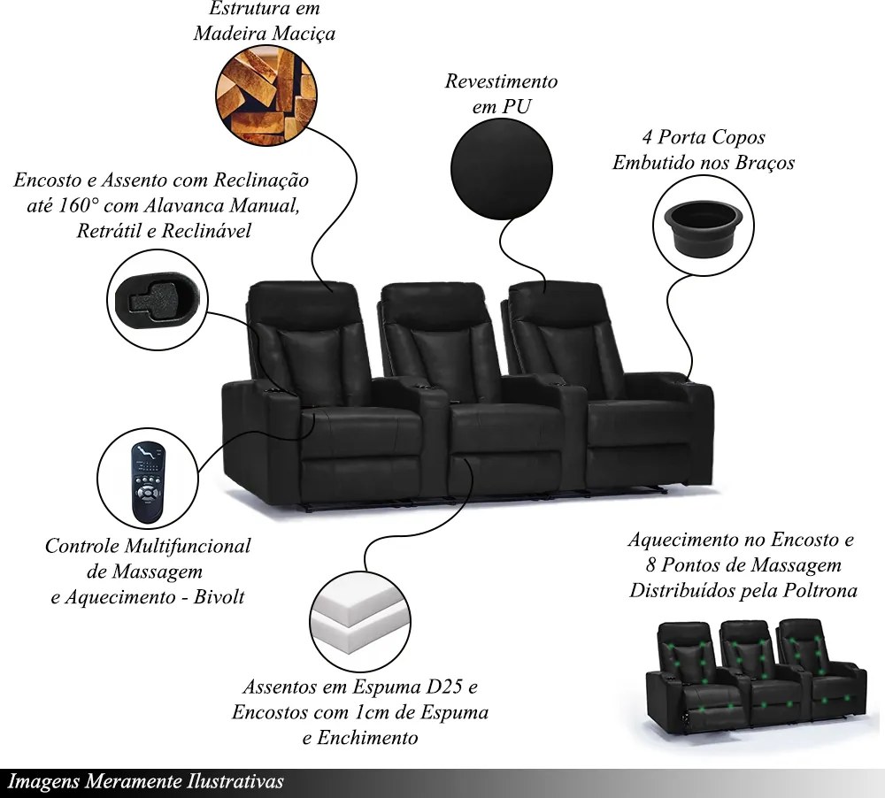 Poltrona 3 Lugares Sala de Estar e Cinema Califórnia Porta Copos Reclinável Manual PU Preto G94 - Gran Belo
