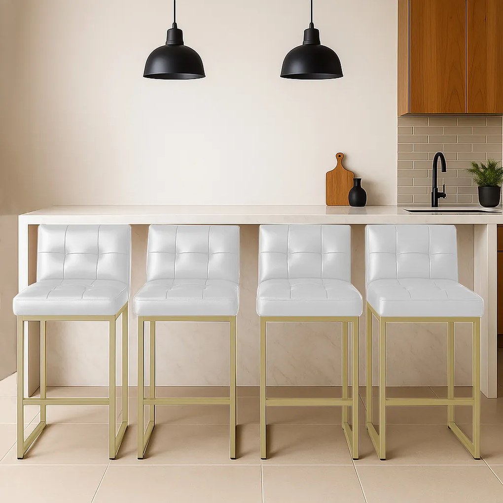 Banqueta Cozinha Alta com Encosto Industrial Kit 4 Champanhe Lirina PU Branco C05 - D'Rossi