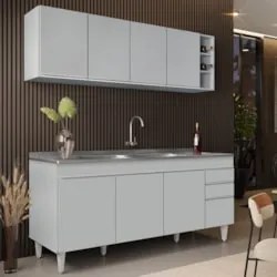 Armário Aéreo Nevada e Balcão Gabinete 180cm Com Pia Dallas Cinza Clar