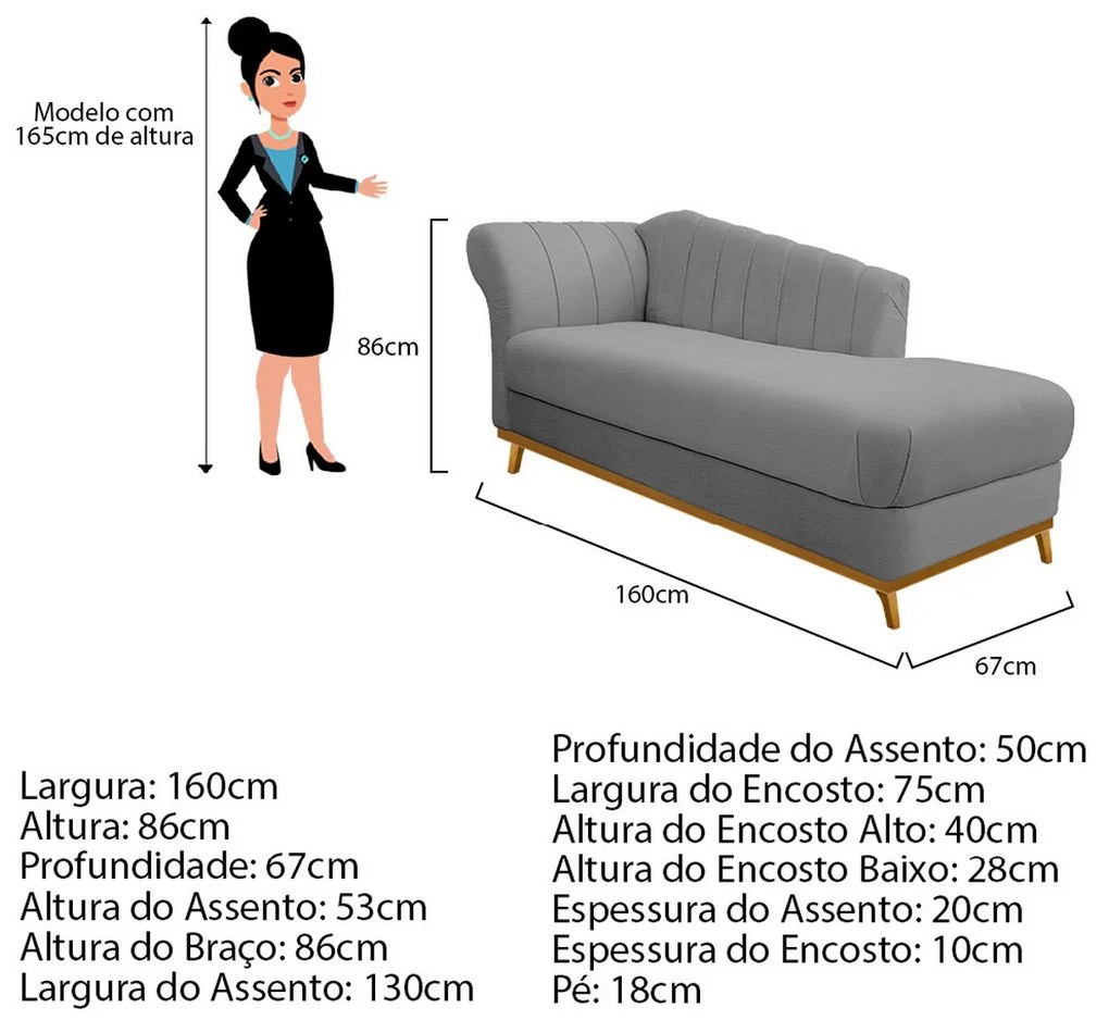 Recamier Vanessa 160cm Lado Esquerdo Corano Cinza - ADJ Decor
