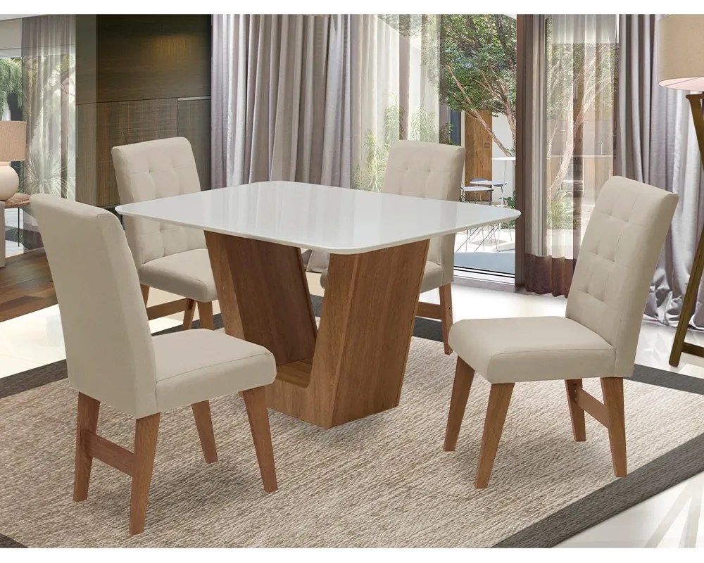 Conjunto Mesa de Jantar Safira com 04 Cadeiras Agata 135cm Cedro/Branco Off/Bege - ADJ DECOR