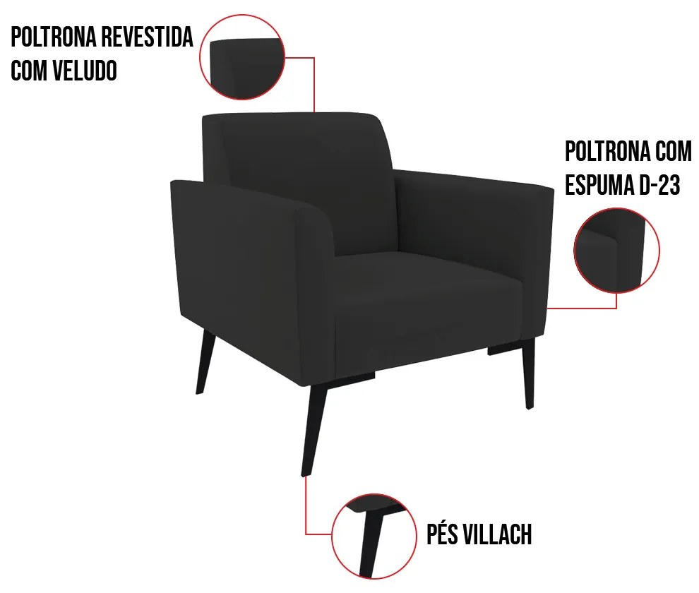 Poltrona Pés Villach Marisa Veludo D03 - D'Rossi - Preto