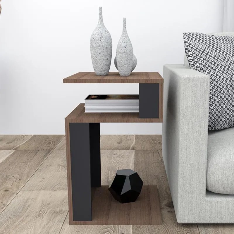 Mesa De Canto Para Sala Com 3 Prateleiras - Nogueira/preto