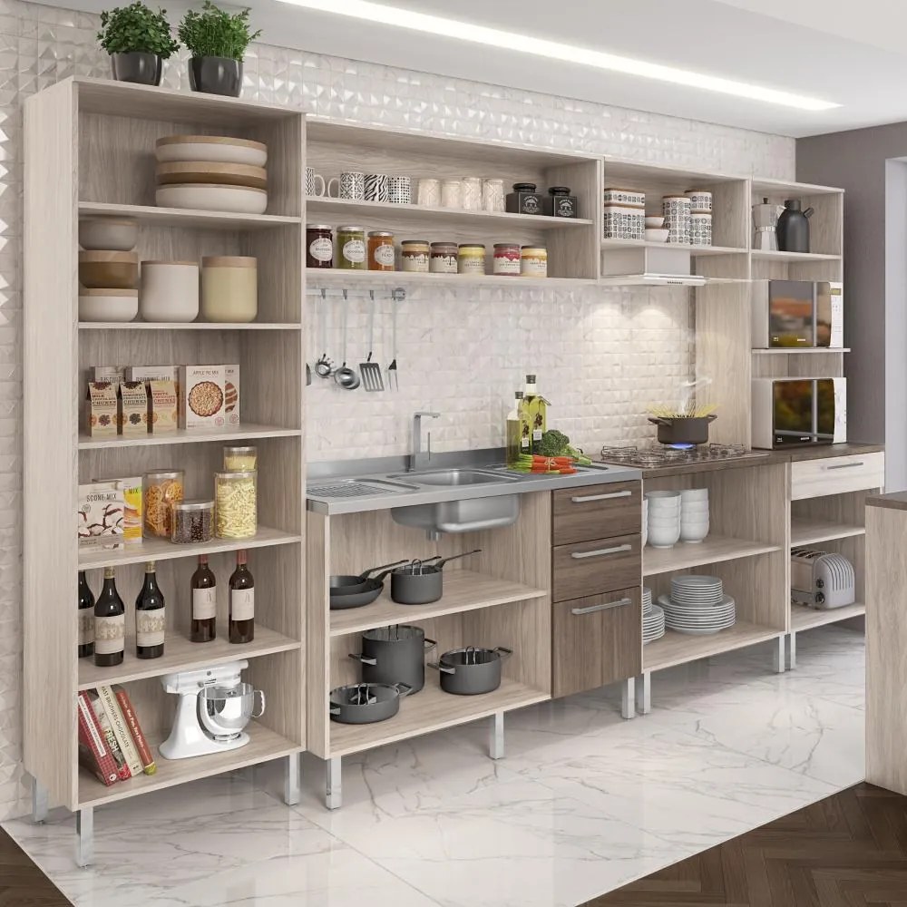 Móveis Cozinha Completa Modulada Balcão Aéreos Torre Quente Carvalho