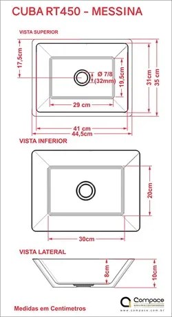 Cuba Pia De Apoio Para Banheiro Retangular Messina RT45 Branco C08 - M