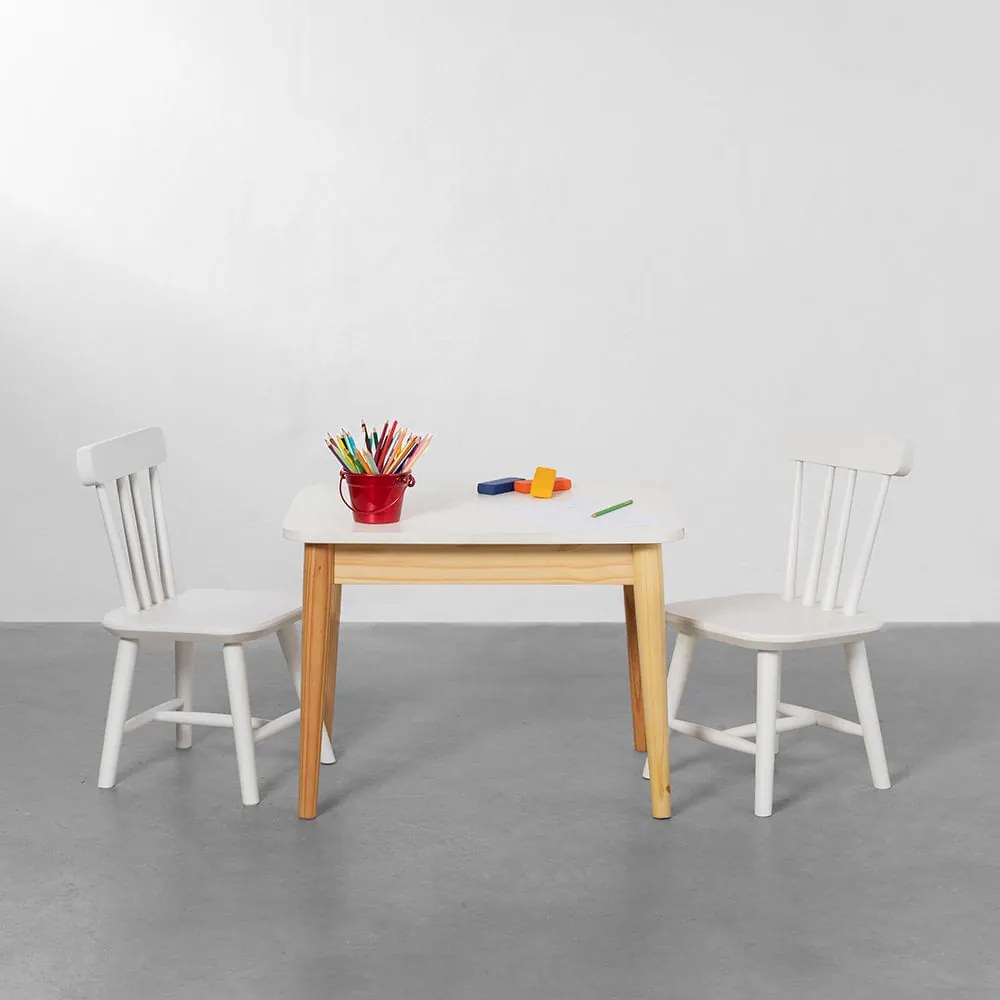 Conjunto Mesa Infantil Cissa Natural e Branco - 68cm + 2 Cadeiras Infantis Cissa - Branco