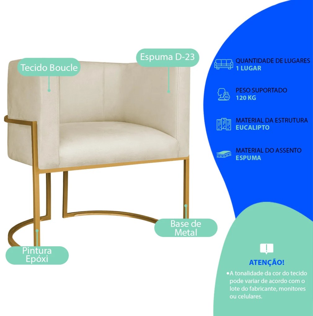 Kit 2 Poltronas Dália Luxo Moderna Estofada Design Sofisticado com Base de Ferro Dourado Bouclé