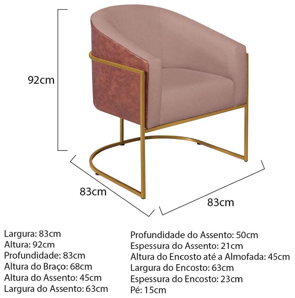 Poltrona Luiza Base de Ferro Dourado Corano Nozes e Linho Rosê - ADJ Decor