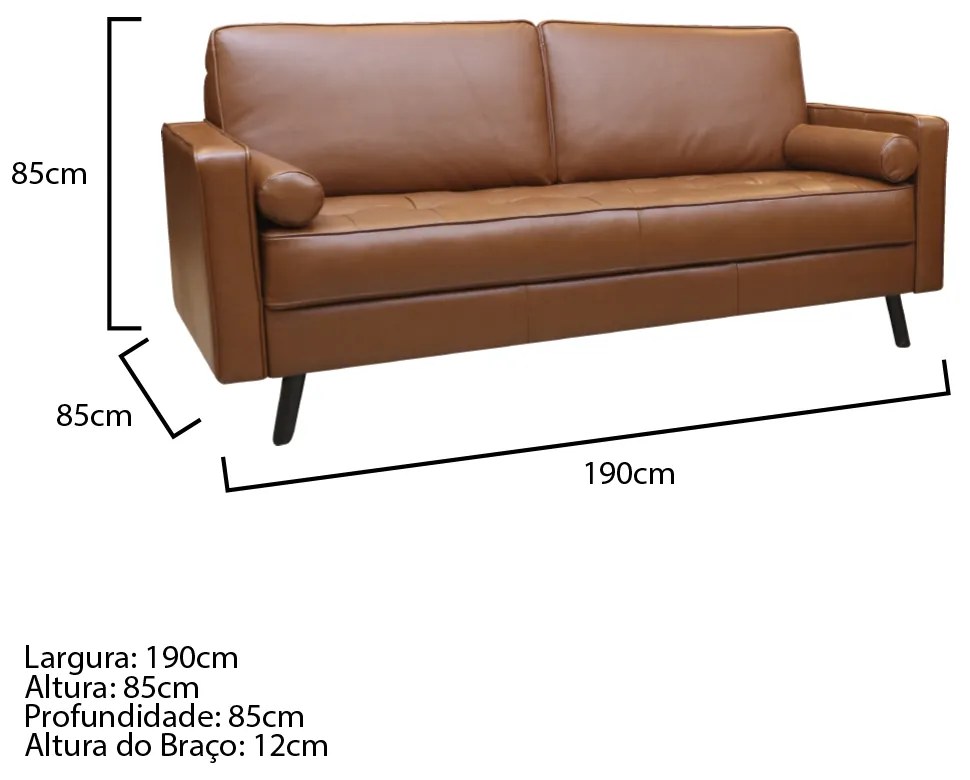 Sofá de Couro 3 lugares Vancouver M06 Cor Conhaque 457 - ADJ DECOR