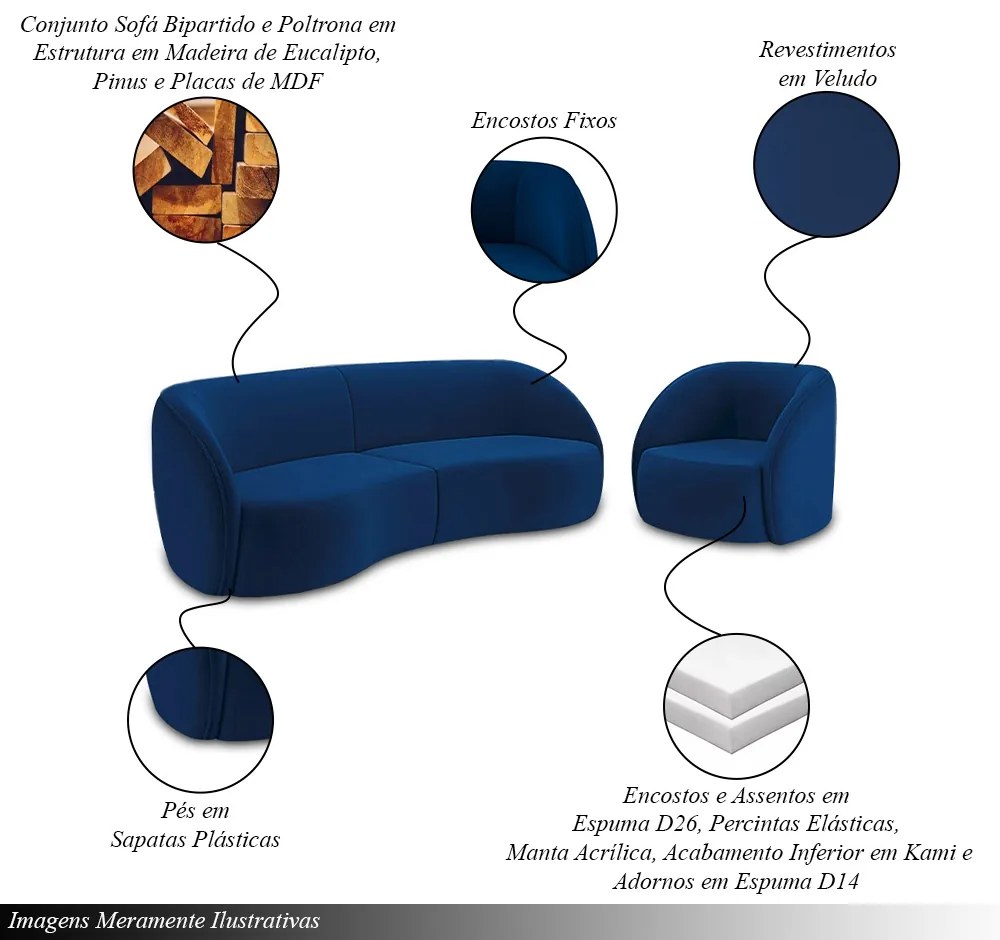 Conjunto Sofá Sala de Estar Bipartido 288cm e 2 Poltronas Clarke Veludo Azul G45 - Gran Belo