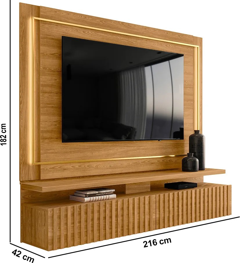 Painel TV 75 Pol 216cm Bancada Suspensa Ripado Lurian Cumaru M20 - D'Rossi