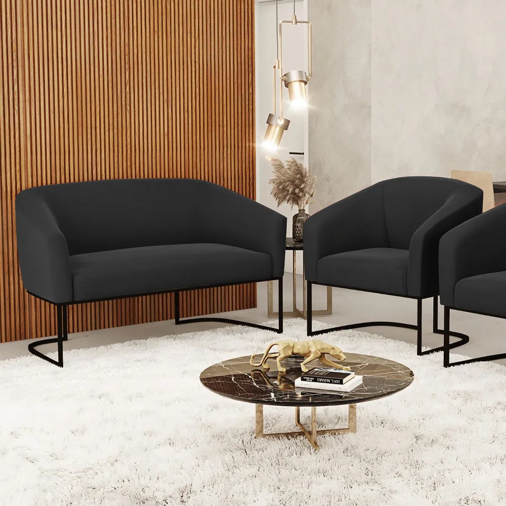 Sofá Namoradeira e Poltrona Base Industrial Preto Stella Suede D03 - D'Rossi - Preto