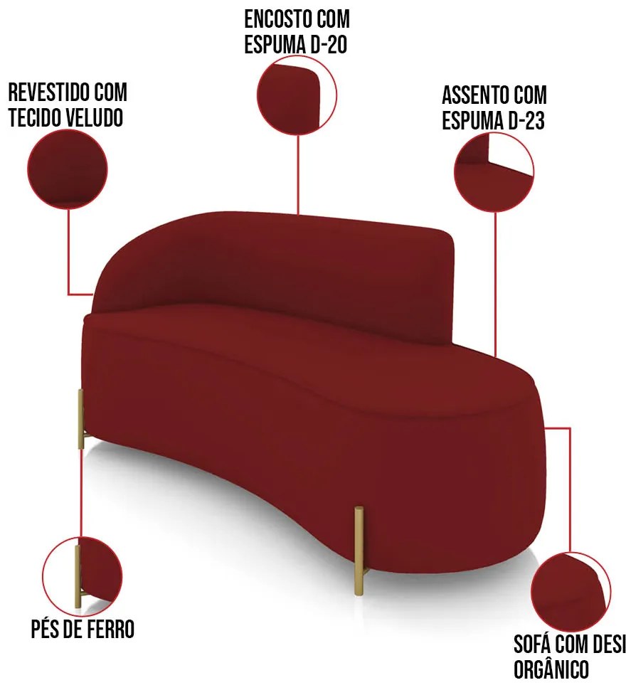 Sofá 3 Lugares Orgânico 180cm Pé em Aço Dourado Morgan Veludo D03 - D'Rossi - Marsala