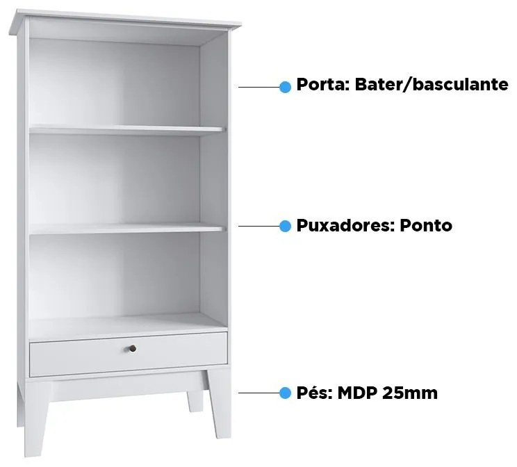 Buffet Cristaleira Retro Com 3 Prateleiras 1 Porta - Branco