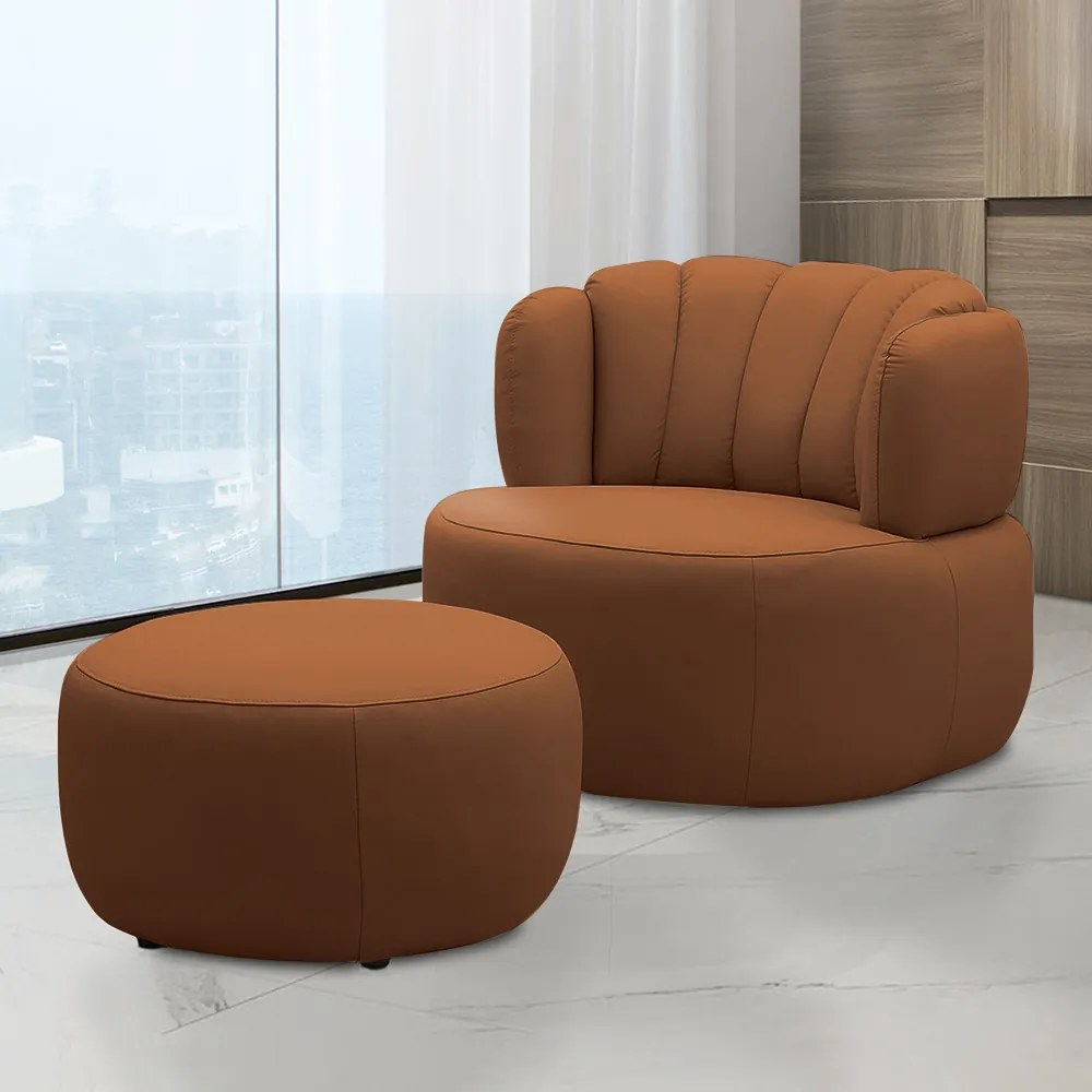 Conjunto Sala de estar Decorativo Mariele Poltrona Base Giratória em Aço com Puff Couro Conhaque G88 - Gran Belo