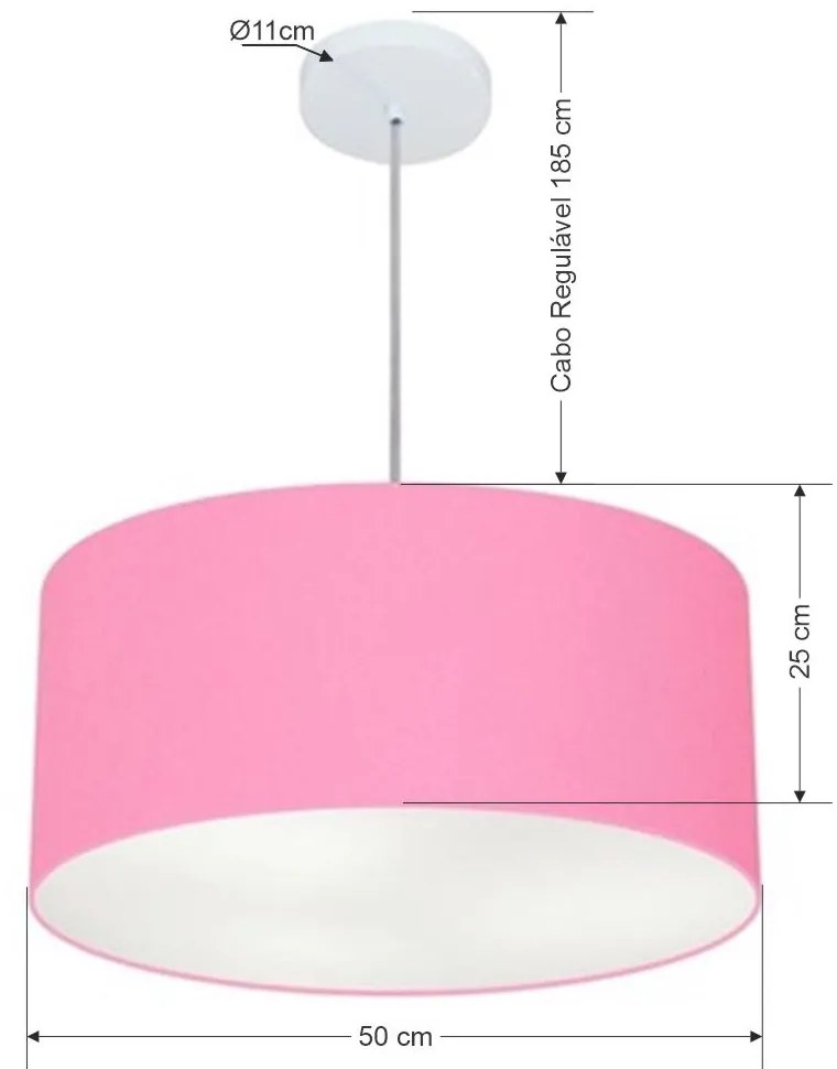 Lustre Pendente Cilíndrico Md-4100 Cúpula em Tecido 50x25cm Rosa Bebê - Bivolt