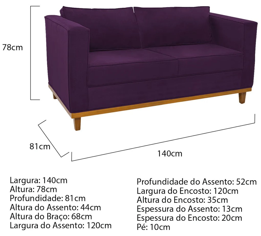 Sofá 2 Lugares Europa Suede Roxo ADJ Decor