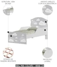 Mini Cama Infantil 148x68cm Com Proteção Lateral Nuvens K06 - Mpozenat