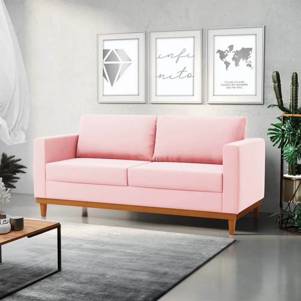 Sofá 03 Lugares Juliette Suede Base Madeira Castanho - D'Rossi - Rosa Bebê
