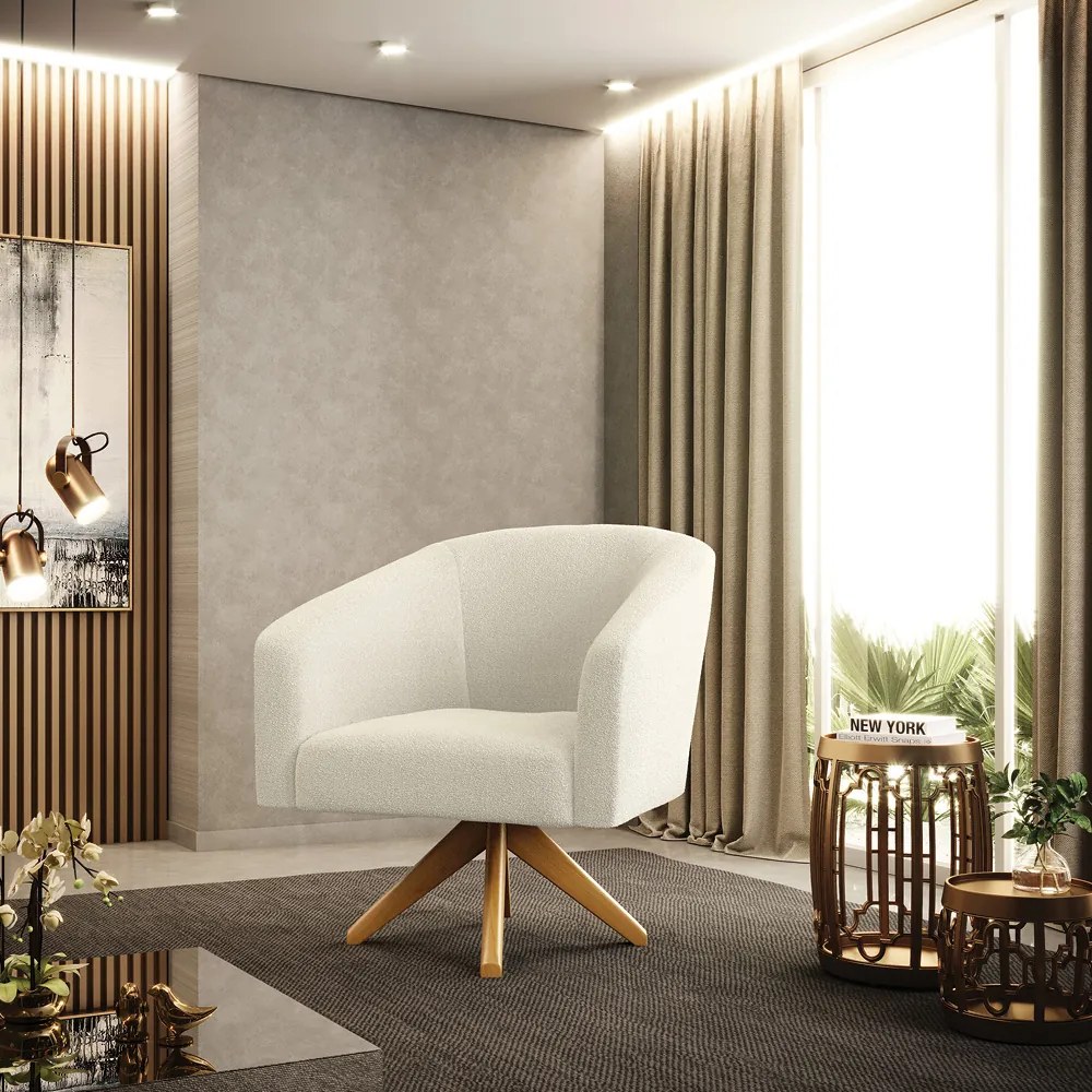 Poltrona Sala Decorativa Giratória Madeira Stella Bouclê D03 - D'Rossi - Bege