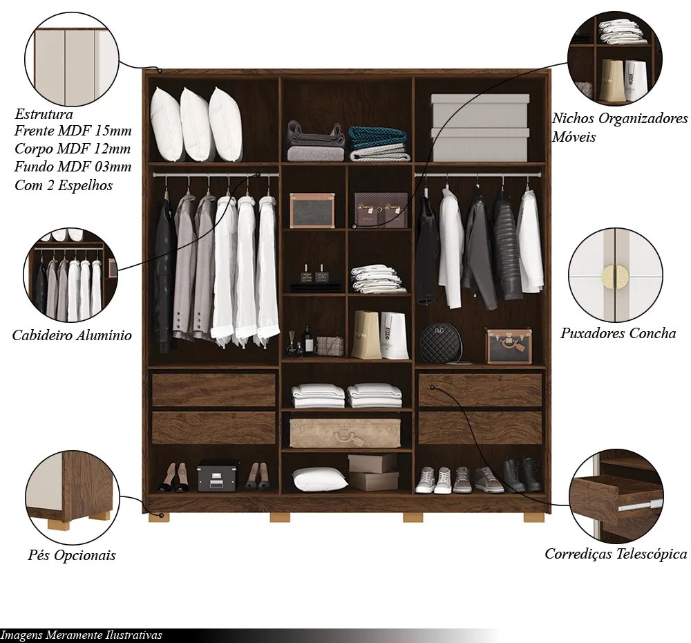 Guarda Roupa Casal Marlin 6 Portas de Bater 2 com Espelhos 4 Gavetas com Nichos MDF Nogueira/Fendi G98 - Gran Belo