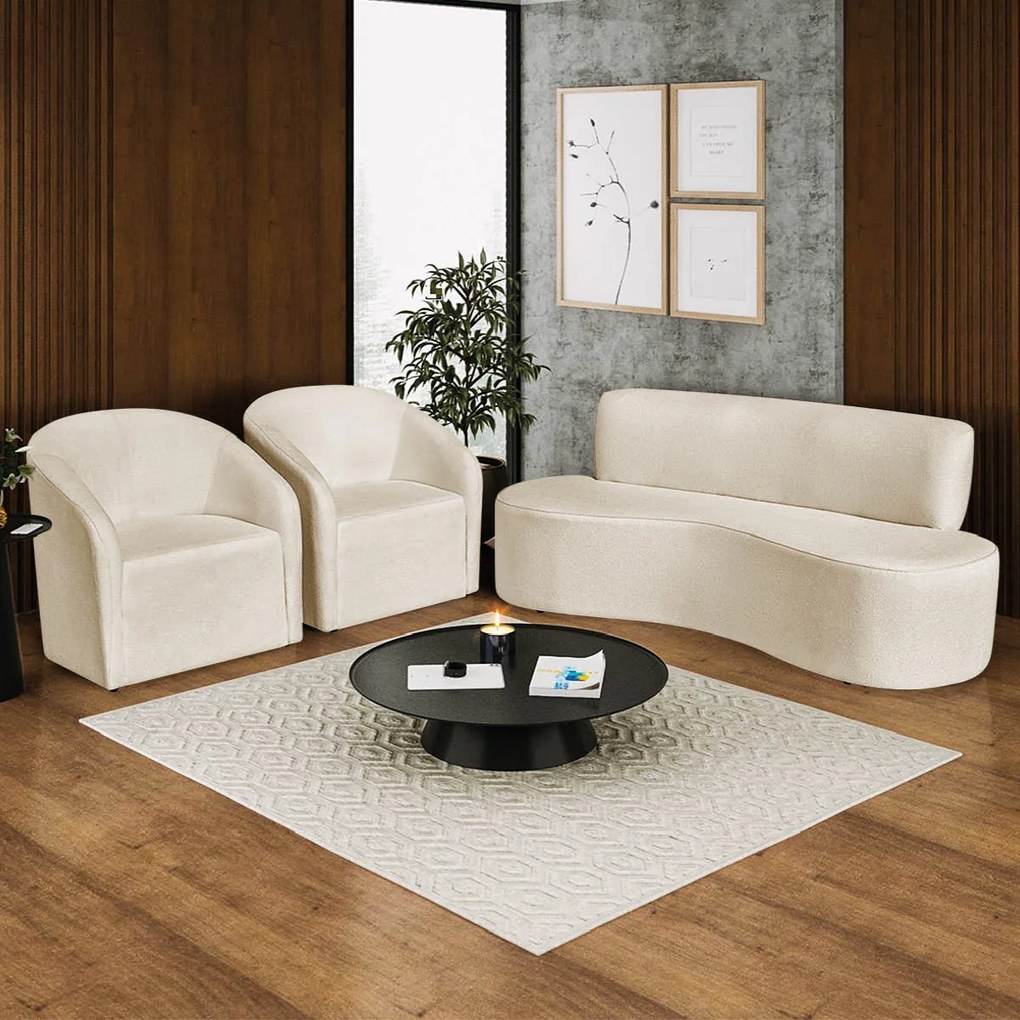 Kit Sofá Curvo Amsterdã 200cm e 2 Poltronas Luiza Max Linho