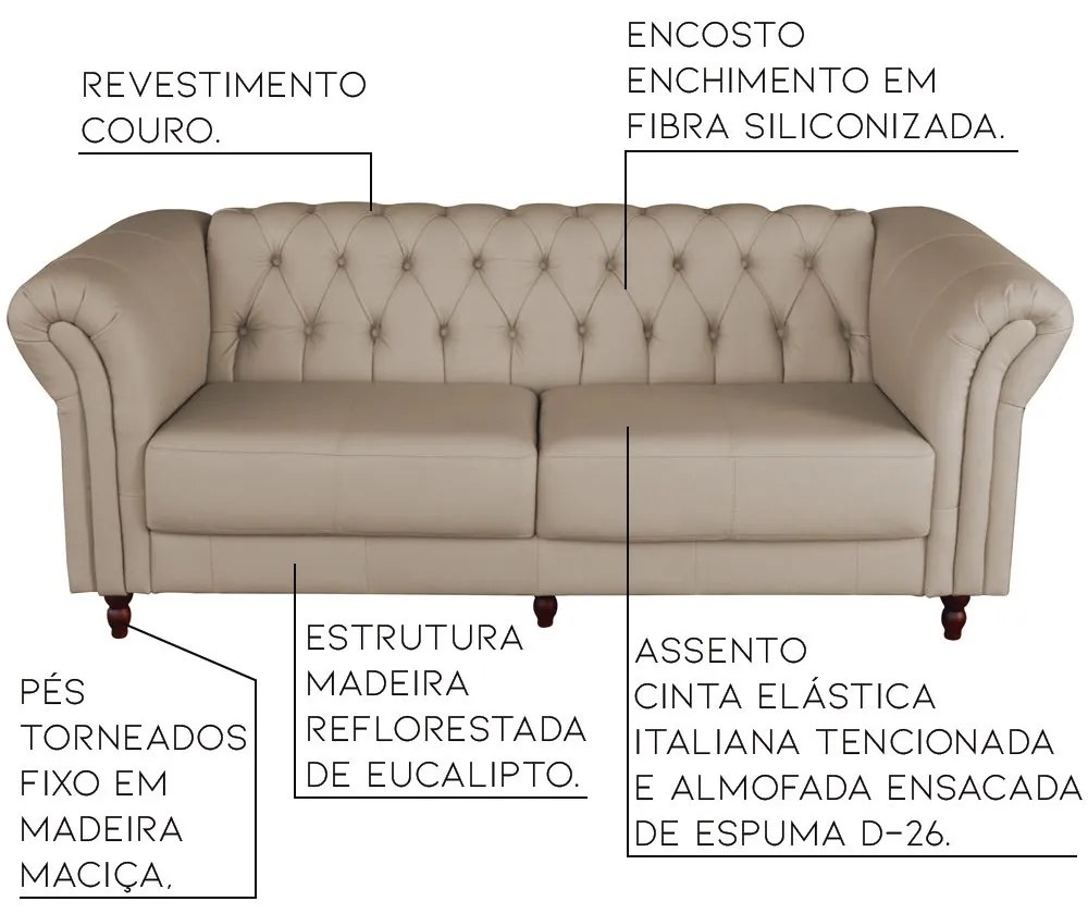 Sofá 3 Lugares Maggiore 220cm Couro Bege G58 - Gran Belo