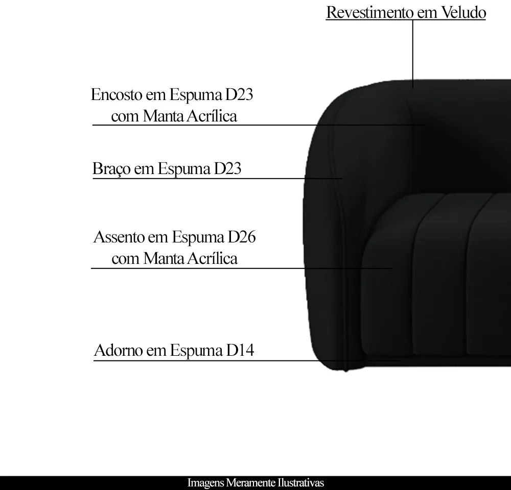 Sofá Decorativo Sala de Estar 332cm Adam 4 Lugares Veludo Preto G45 - Gran Belo