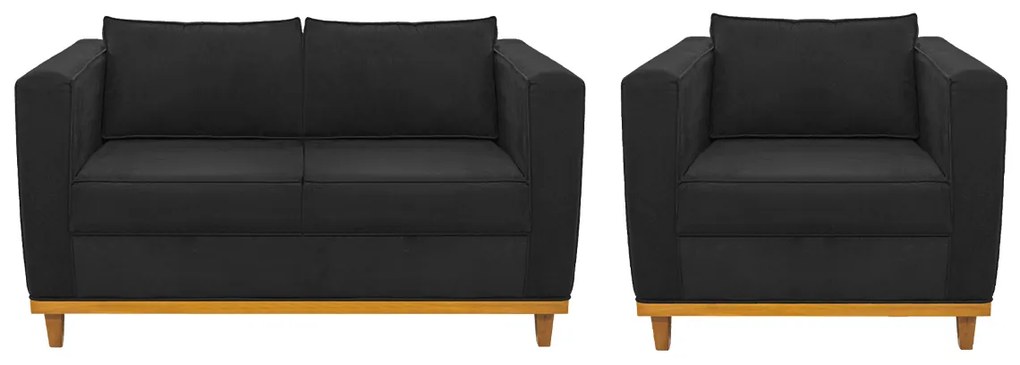 Kit Sofá 2 Lugares e Poltrona Europa Suede Preto ADJ Decor