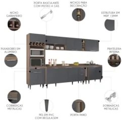 Armário de Cozinha Com Tampo CP07 340cm Pérola Freijó/Grafite Z34 - Mp